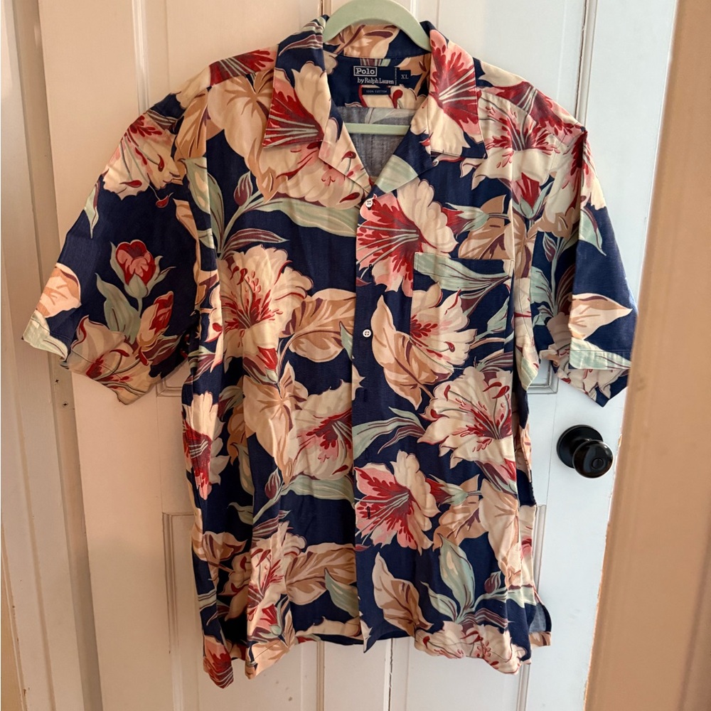 Vintage 90s Polo Ralph Lauren Beach Print Button Down XL Cotton Coastal Preppy